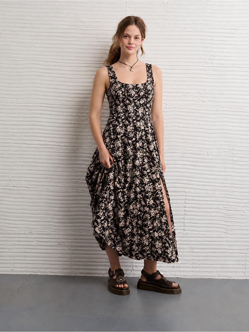 American Eagle Smocked Bodice Midi Floral Boho Dress